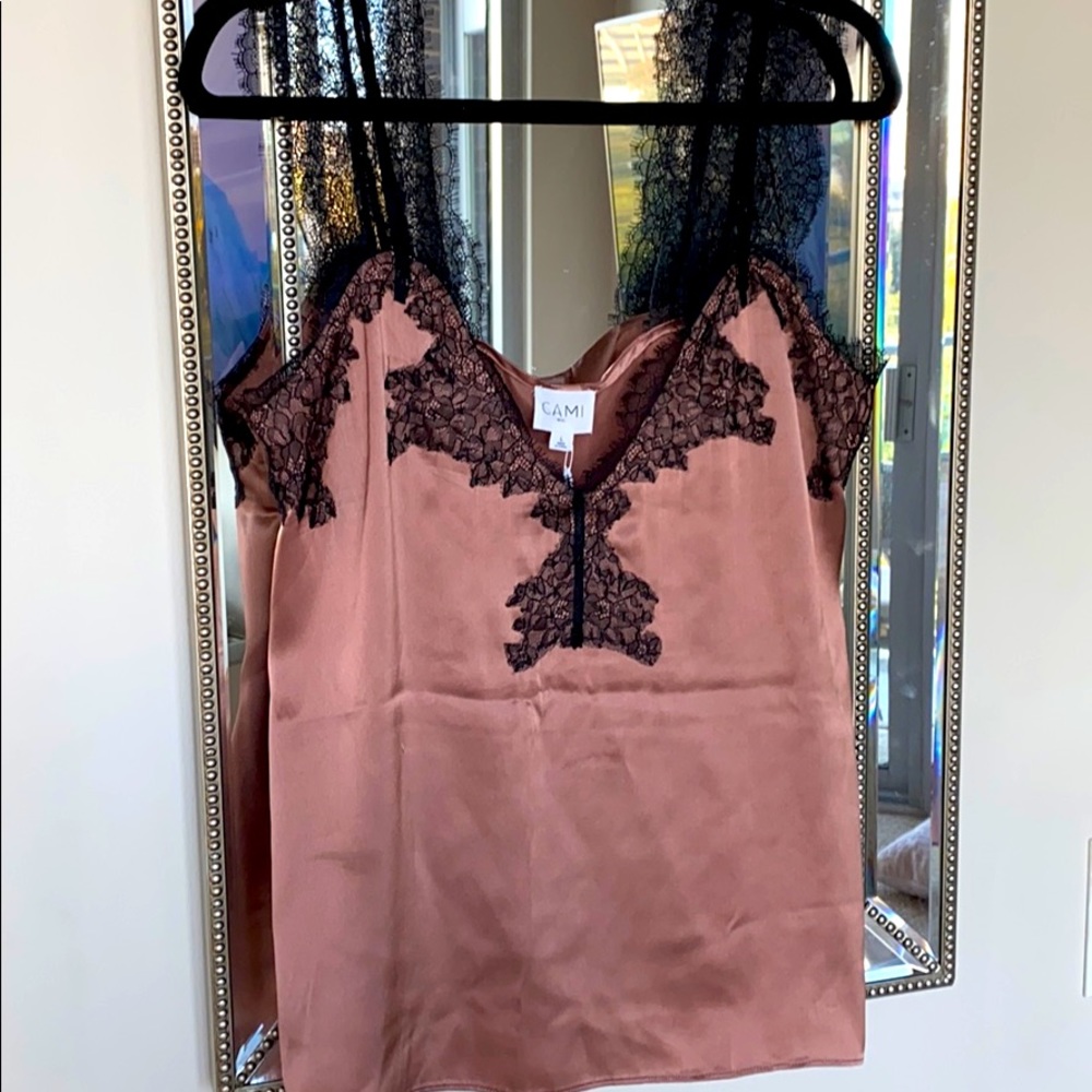 Cami NYC Mauve Silk & Black Lace Tank Top - Size L